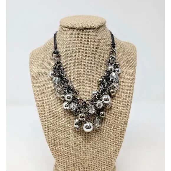 Silver Tone Necklace Beaded Statement Layered Multi-Strand Chunky Cluster - Picture 1 of 5